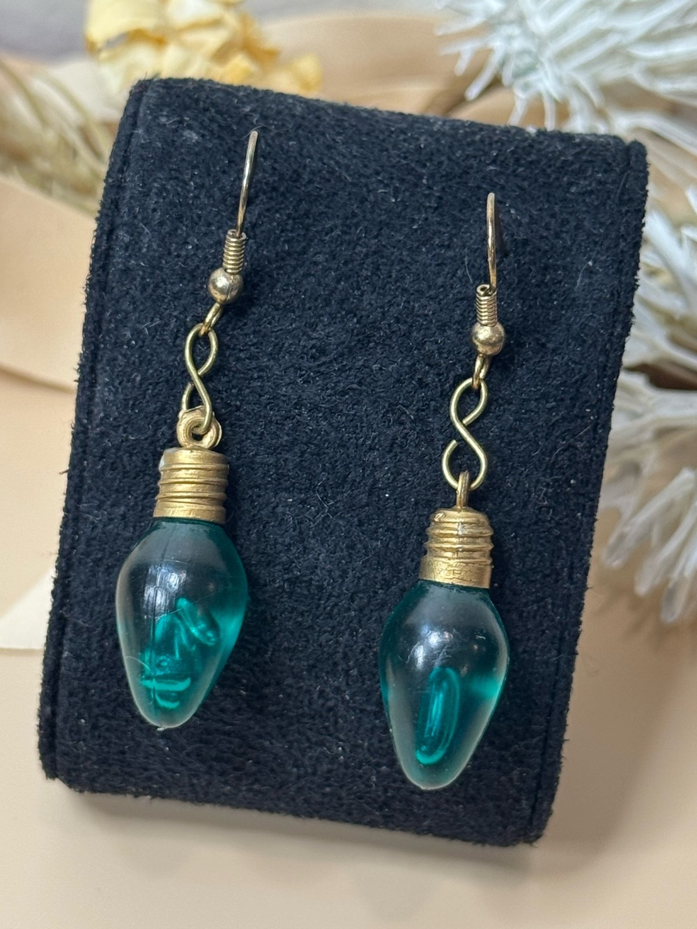 Vintage Christmas Light Bulb Earrings Green Teal Gold Tone Dangle Holiday